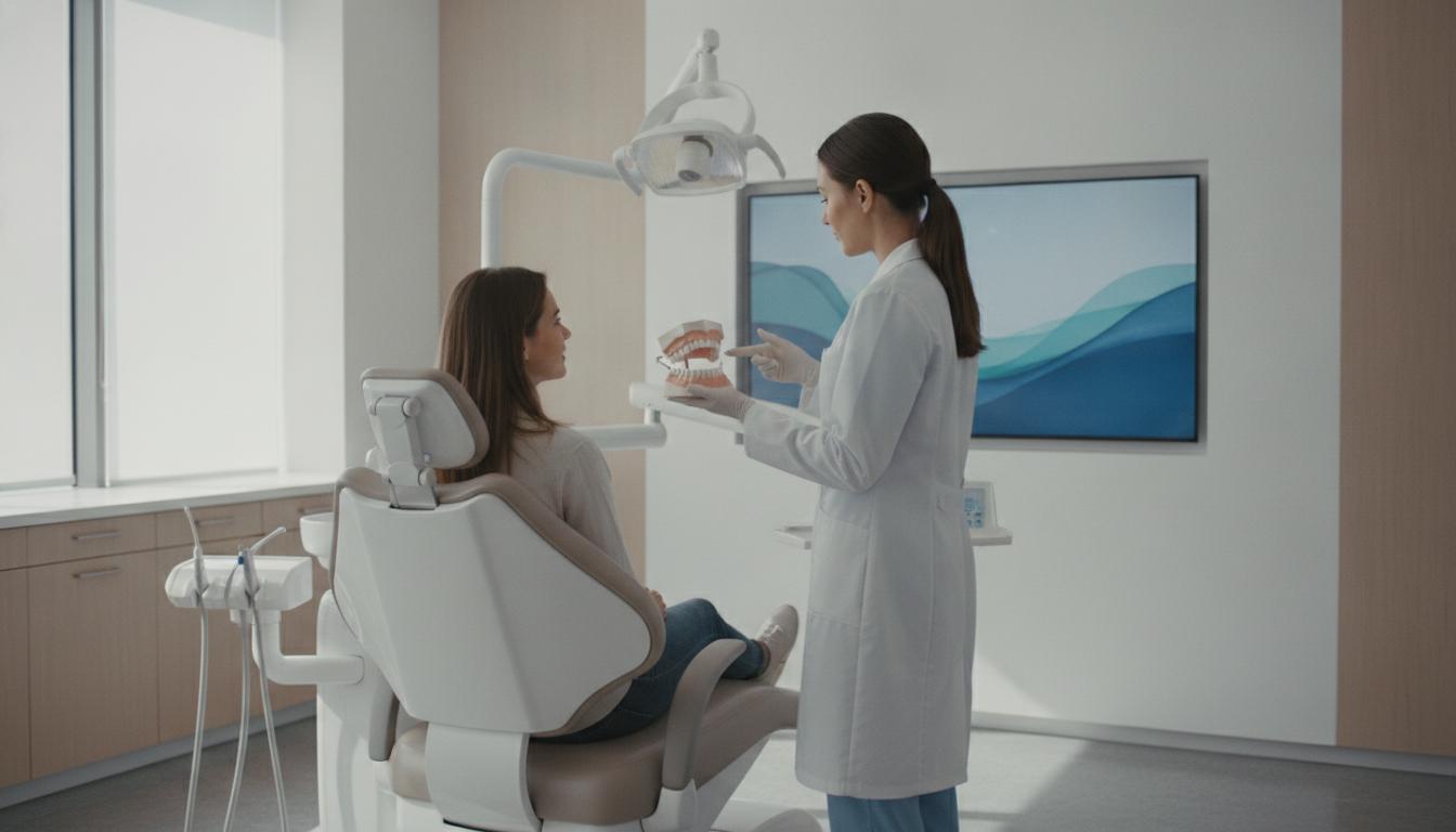 Consulta dental luminosa donde se explica la enfermedad de las encías a un paciente